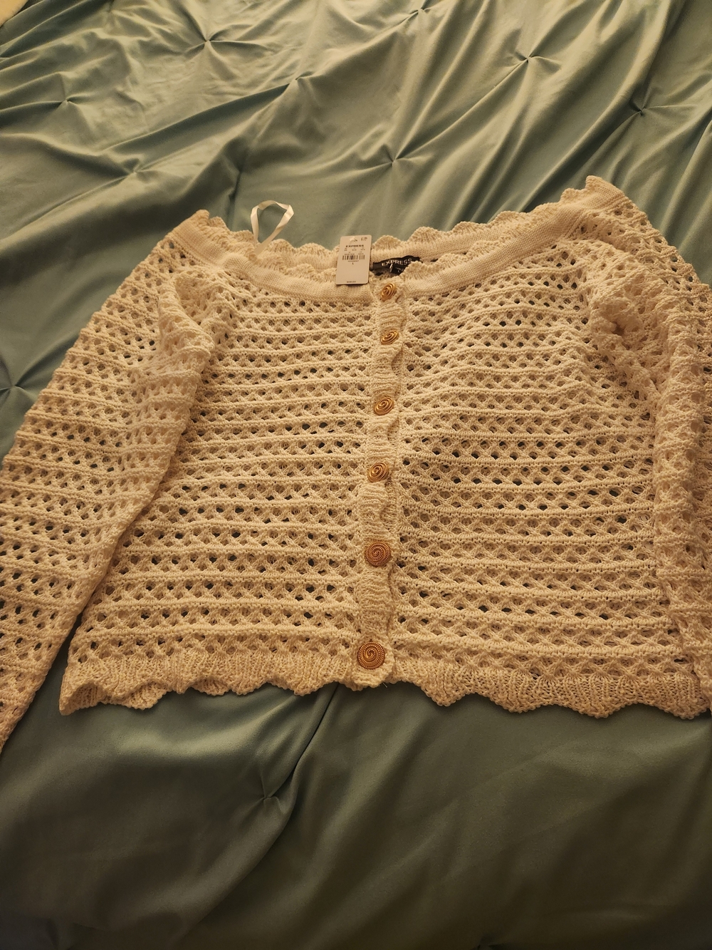 Express Cream Crochet Button-Front Cardigan